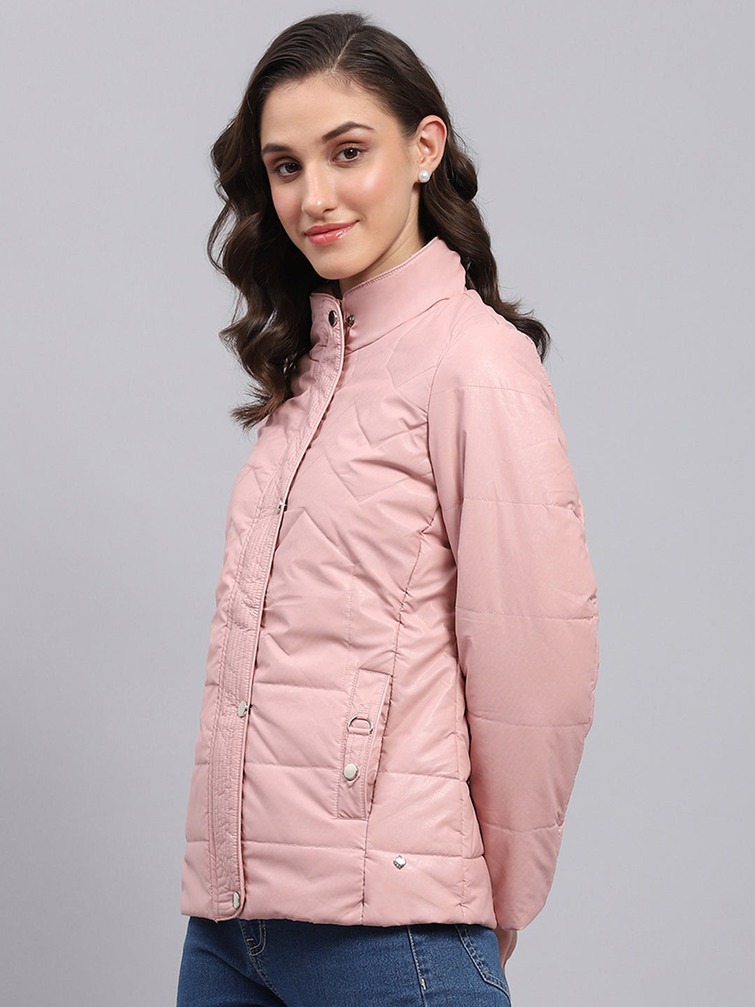 Women Pink Solid Collar Full Sleeve Puffer Jacket