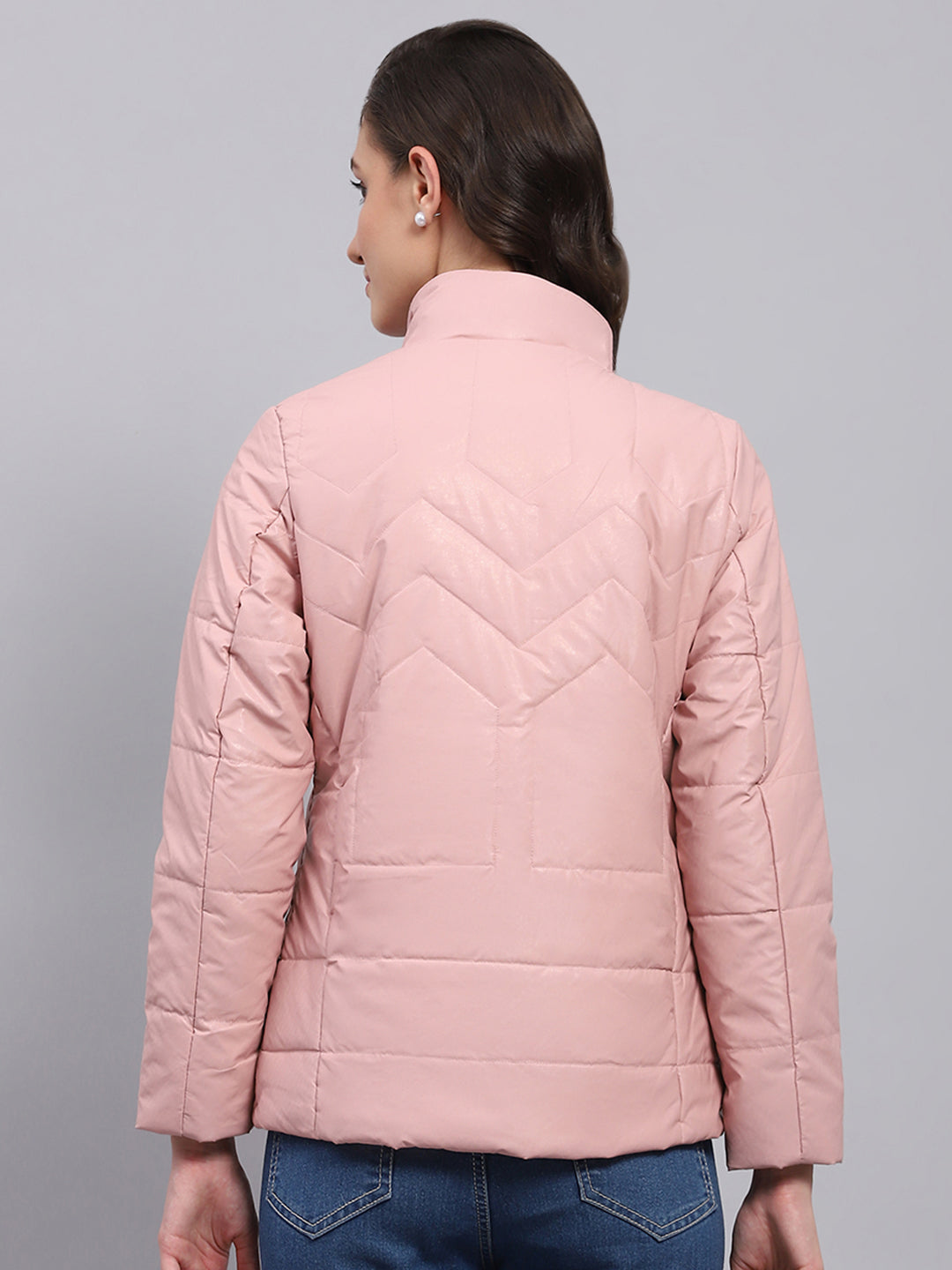 Women Pink Solid Collar Full Sleeve Puffer Jacket