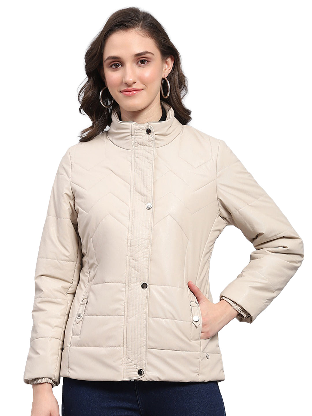 Women Beige Solid Collar Full Sleeve Puffer Jacket