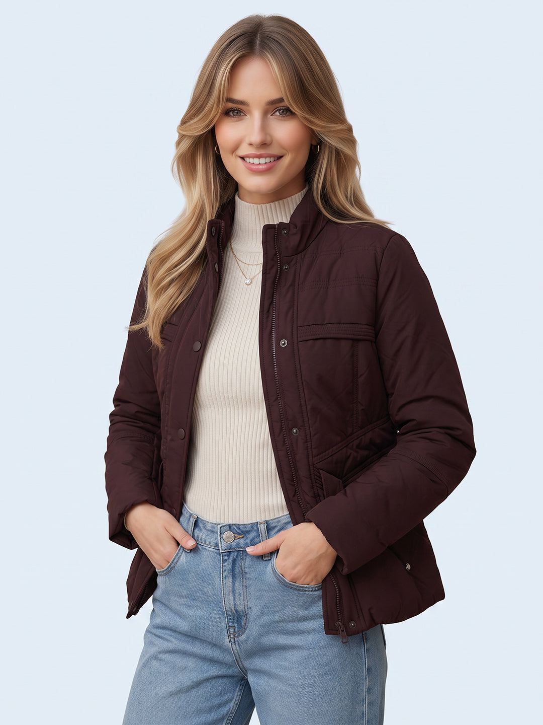 Women Maroon Solid Stand Collar Full Sleeve Bomber Jacket