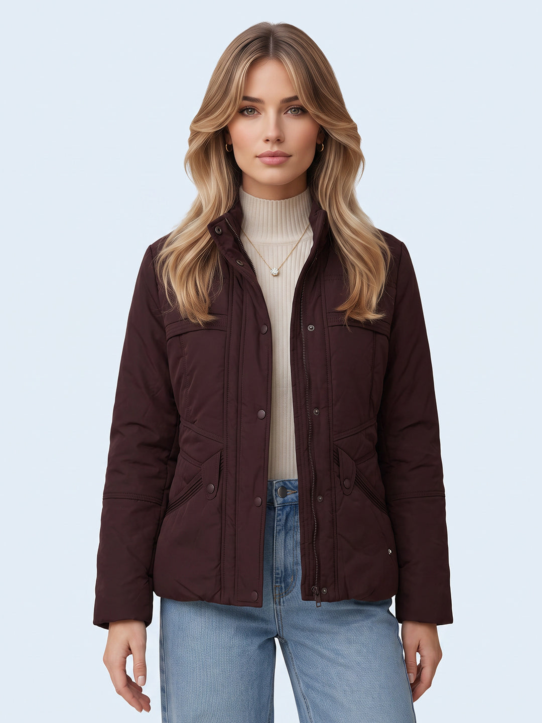 Women Maroon Solid Stand Collar Full Sleeve Bomber Jacket