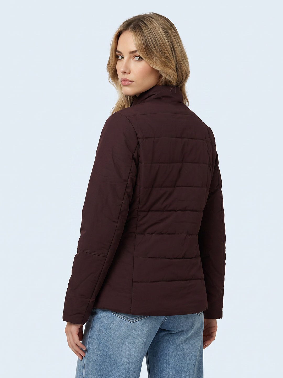 Women Maroon Solid Stand Collar Full Sleeve Bomber Jacket