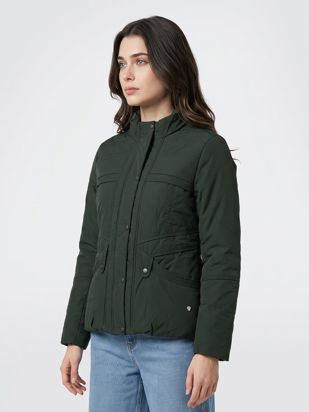 Women Green Solid Stand Collar Full Sleeve Bomber Jacket