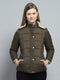 Women Olive Self Design Detachable Hood Full Sleeve Jacket