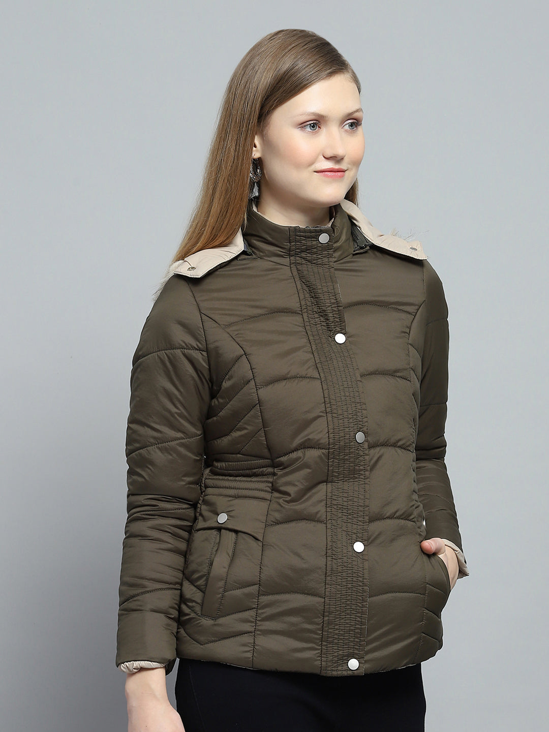 Women Olive Self Design Detachable Hood Full Sleeve Jacket