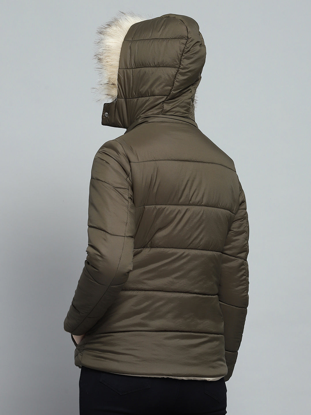 Women Olive Self Design Detachable Hood Full Sleeve Jacket