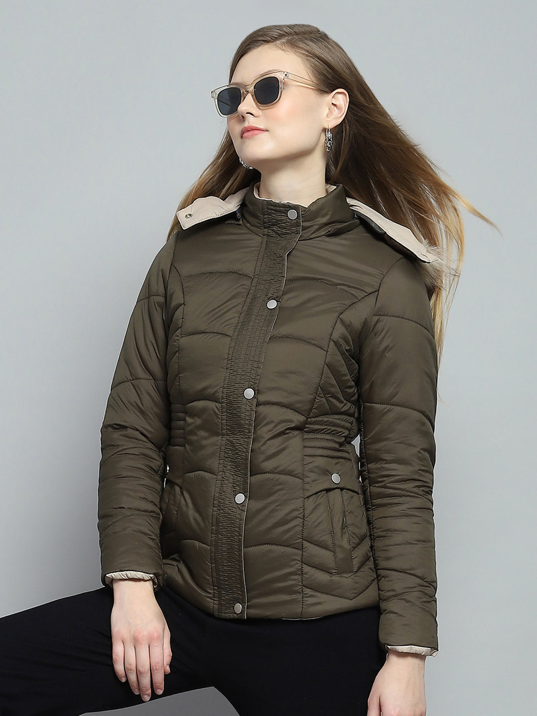 Women Olive Self Design Detachable Hood Full Sleeve Jacket