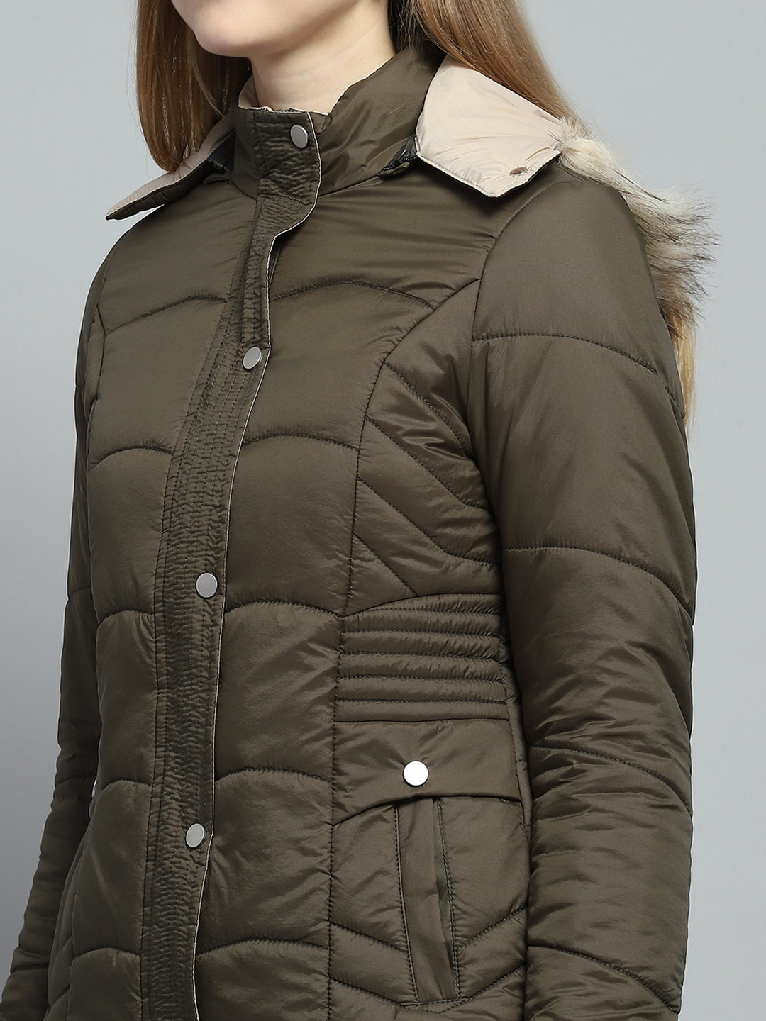 Women Olive Self Design Detachable Hood Full Sleeve Jacket