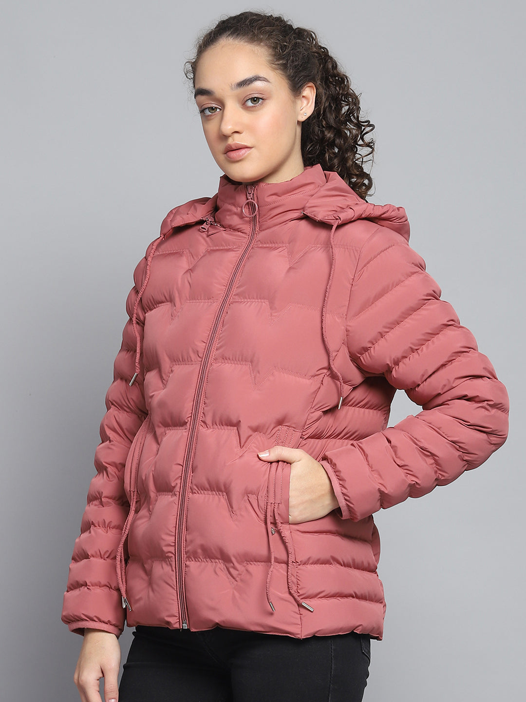 Women Pink Solid Detachable Hood Full Sleeve Jacket