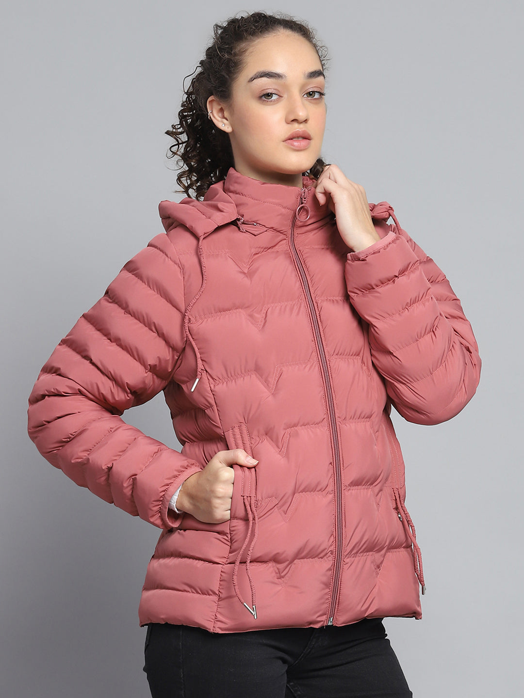 Women Pink Solid Detachable Hood Full Sleeve Jacket