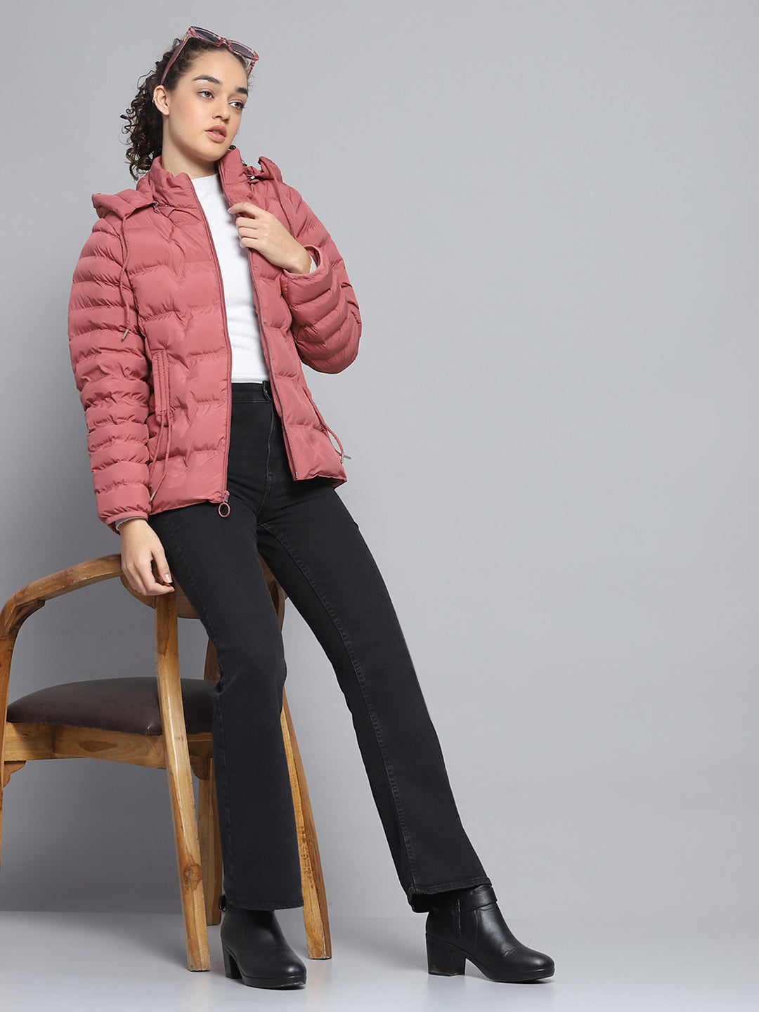 Women Pink Solid Detachable Hood Full Sleeve Jacket