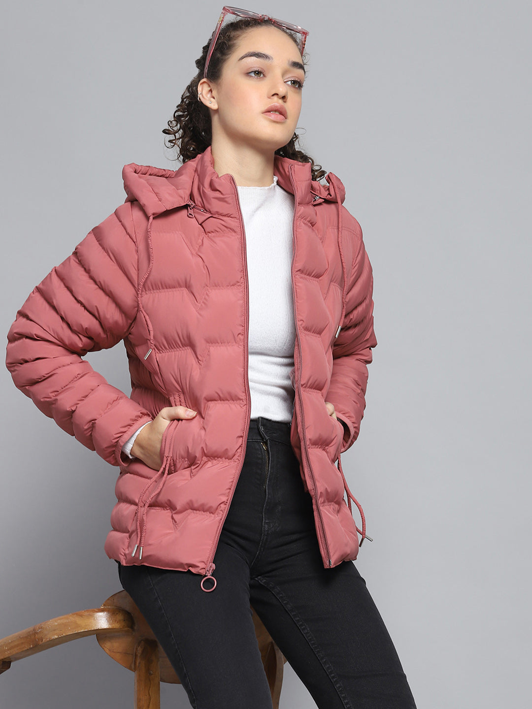 Women Pink Solid Detachable Hood Full Sleeve Jacket