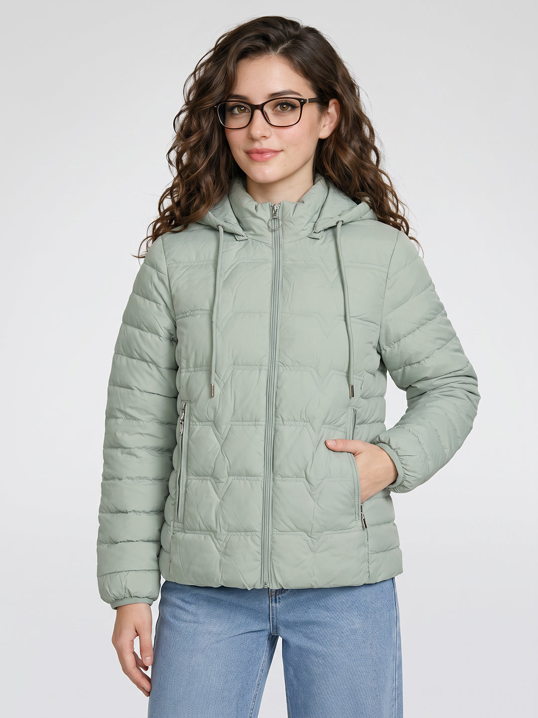 Women Light Green Solid Detachable Hood Full Sleeve Puffer Jacket