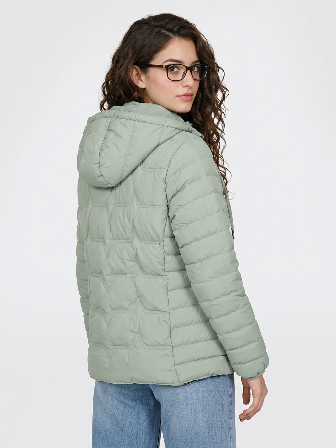 Women Light Green Solid Detachable Hood Full Sleeve Puffer Jacket