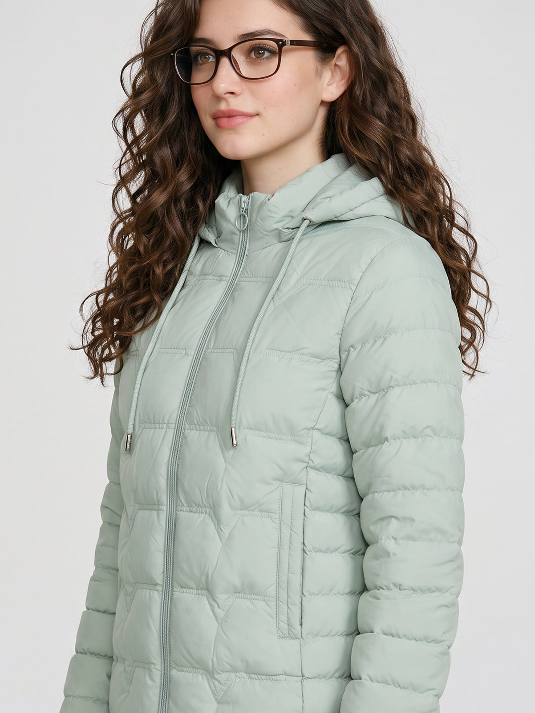 Women Light Green Solid Detachable Hood Full Sleeve Puffer Jacket