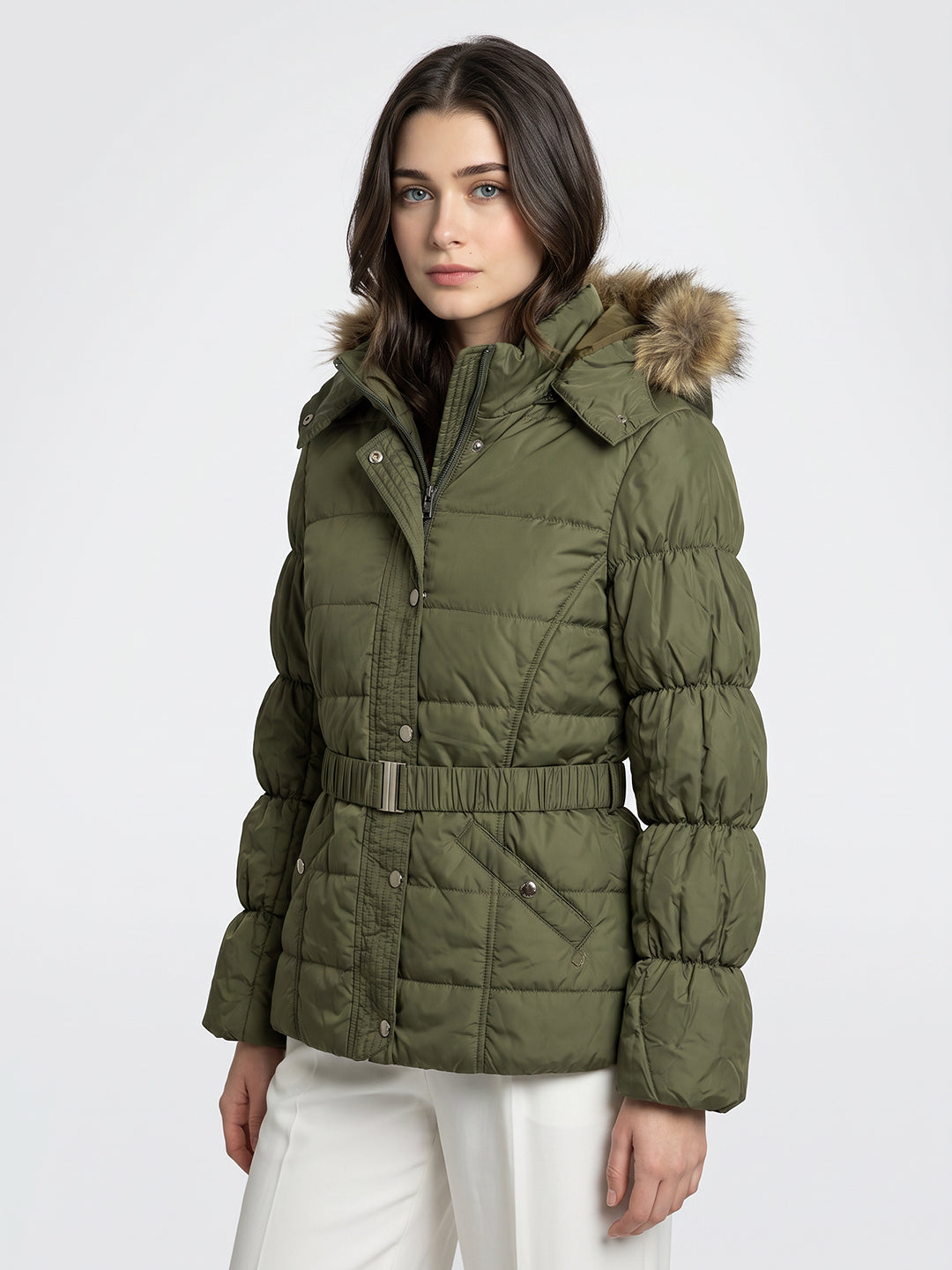 Women Olive Solid Hooded Full Sleeve Tie-Belt Puffer Jacket