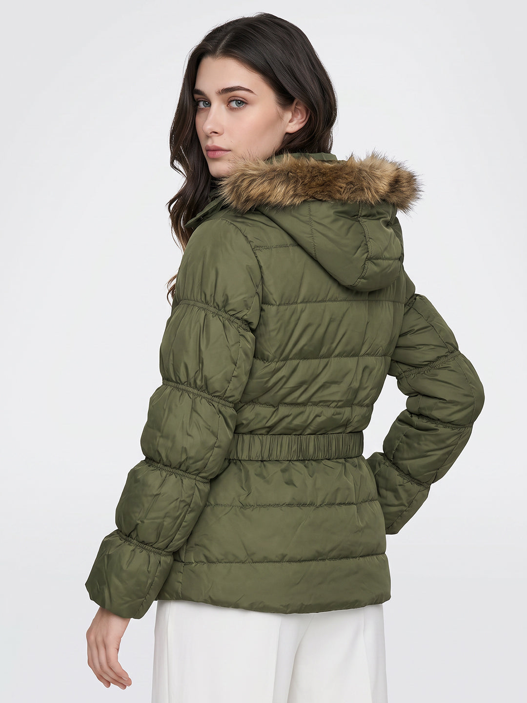 Women Olive Solid Hooded Full Sleeve Tie-Belt Puffer Jacket
