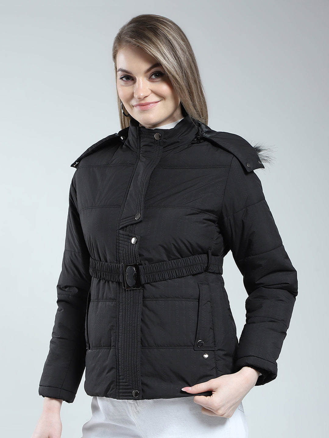 Women Black Self Design Detachable Hood Full Sleeve Jacket