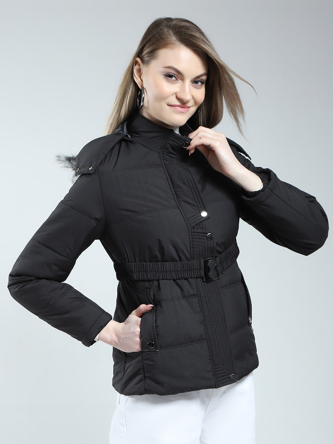 Women Black Self Design Detachable Hood Full Sleeve Jacket