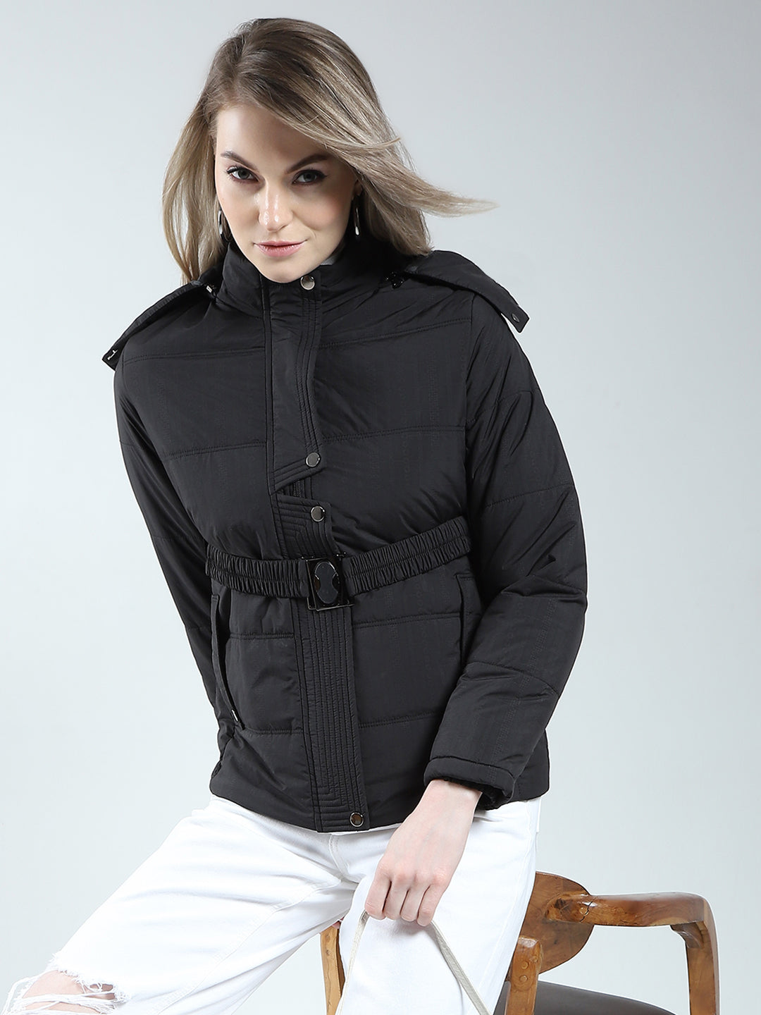 Women Black Self Design Detachable Hood Full Sleeve Jacket