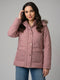 Women Light Pink Solid Detachable Hood Full Sleeve Parka Jacket