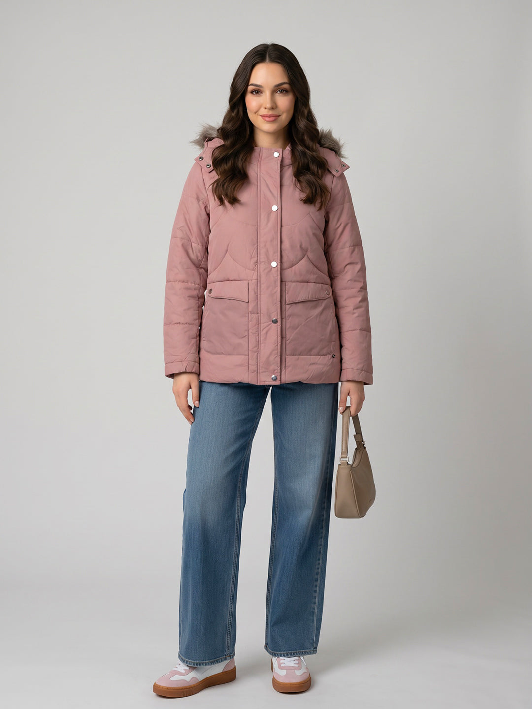 Women Light Pink Solid Detachable Hood Full Sleeve Parka Jacket