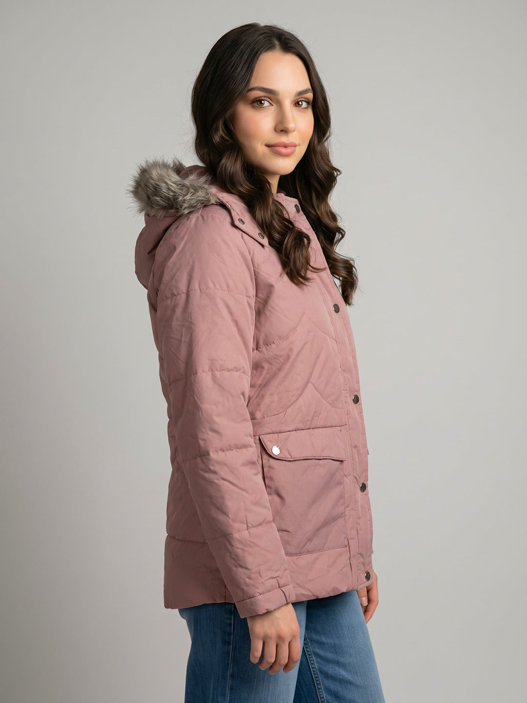 Women Light Pink Solid Detachable Hood Full Sleeve Parka Jacket