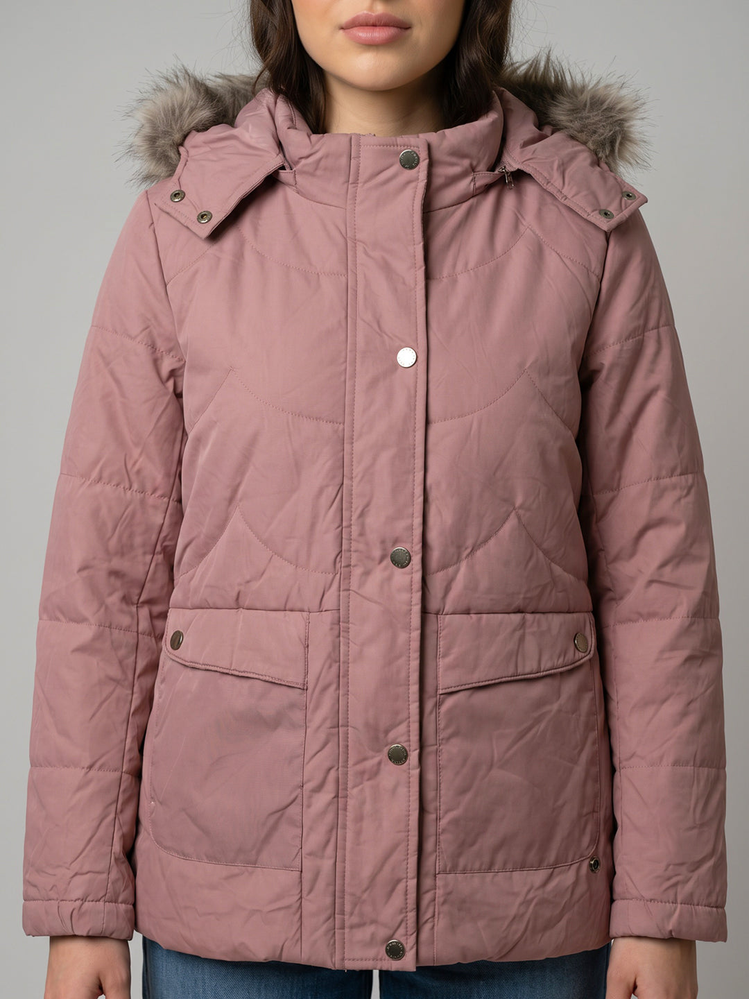 Women Light Pink Solid Detachable Hood Full Sleeve Parka Jacket