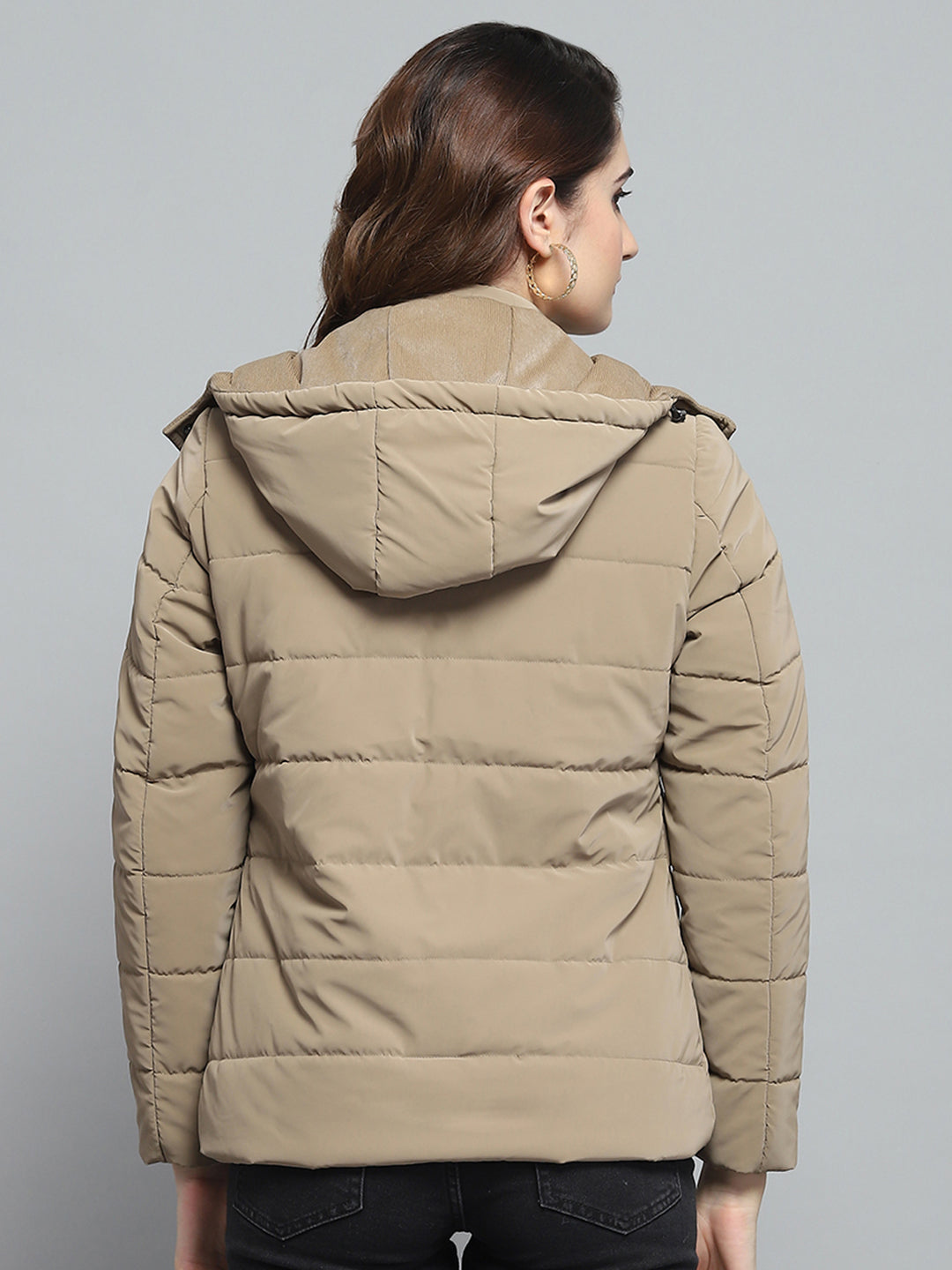 Women Khaki Solid Detachable Hood Full Sleeve Jacket
