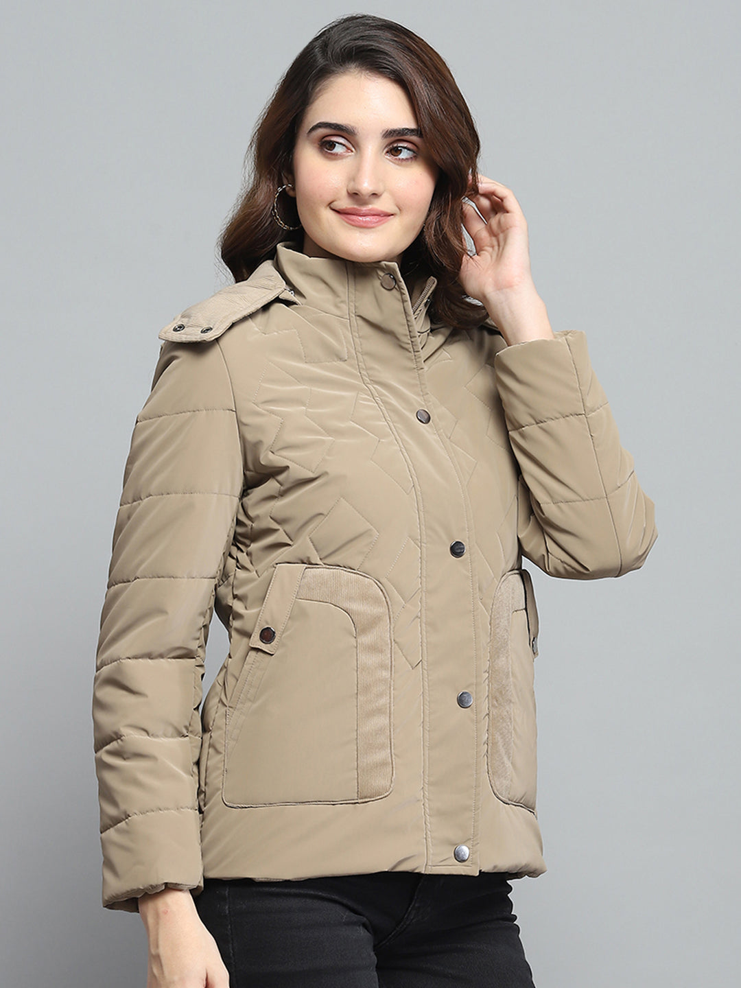 Women Khaki Solid Detachable Hood Full Sleeve Jacket
