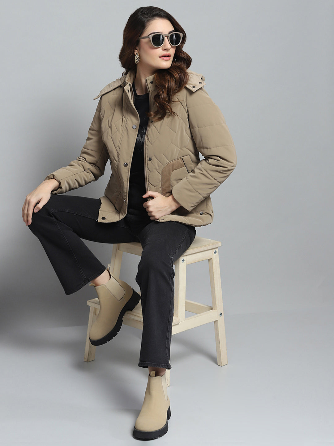 Women Khaki Solid Detachable Hood Full Sleeve Jacket