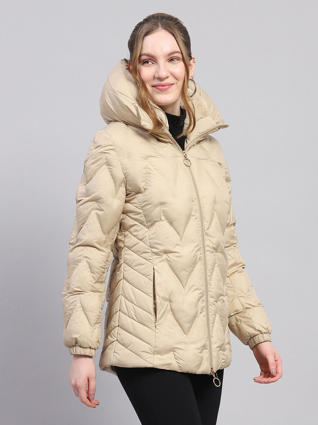 Women Beige Solid Hooded Full Sleeve Jacket