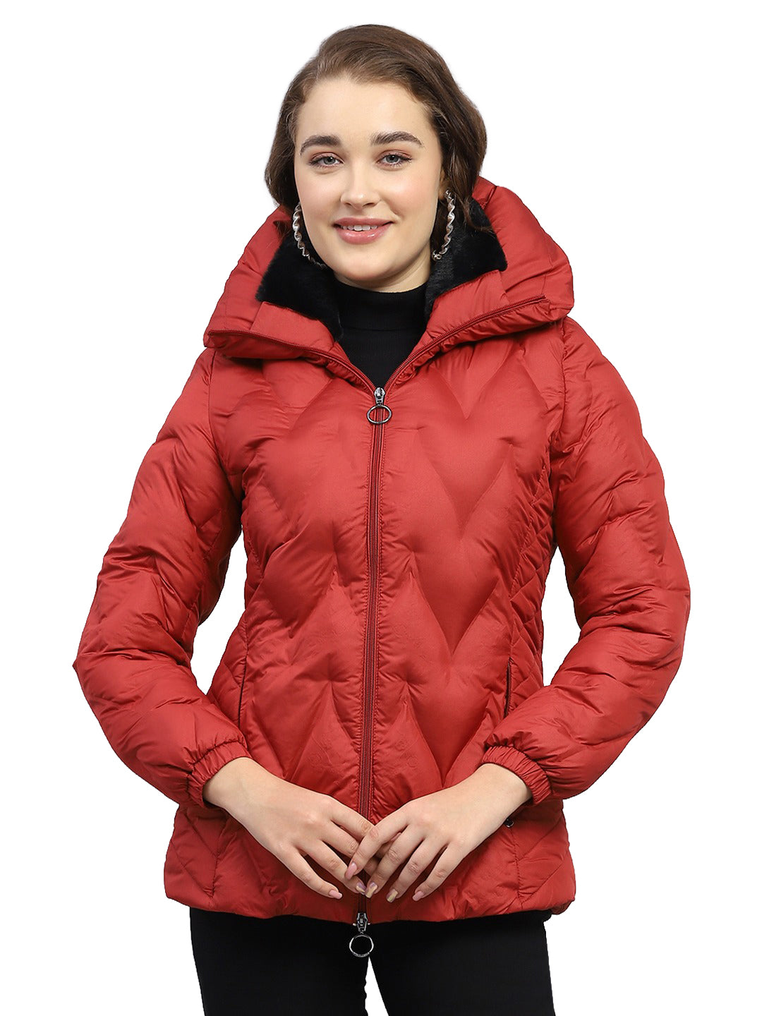 Women Maroon Embossed Collar Full Sleeve Puffer Jacket