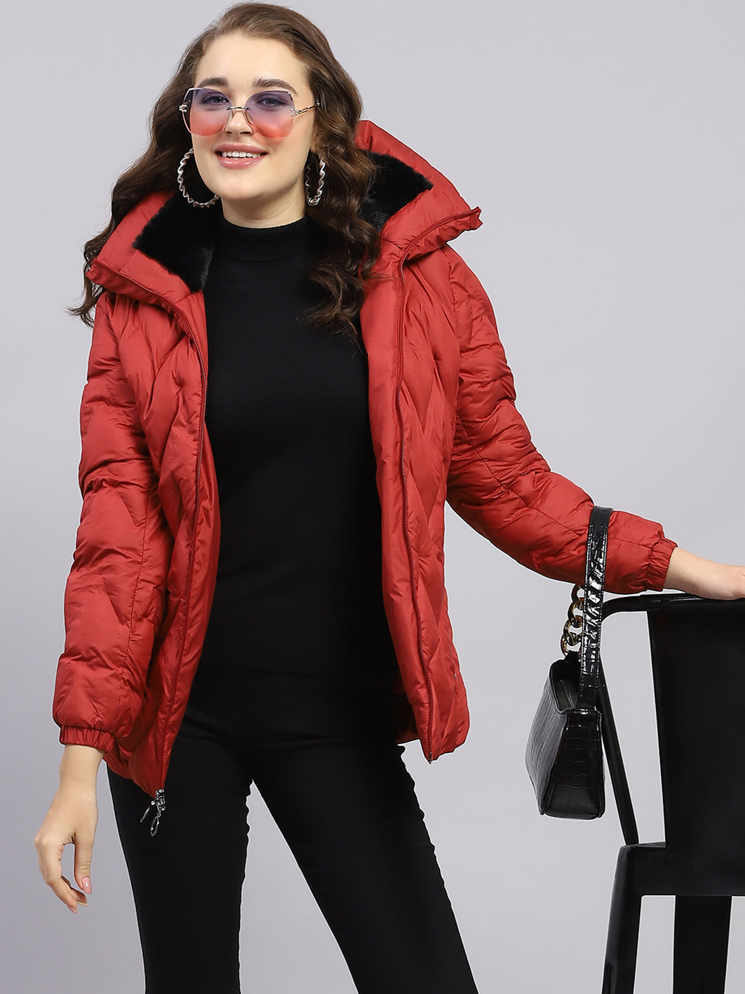 Women Maroon Embossed Collar Full Sleeve Puffer Jacket