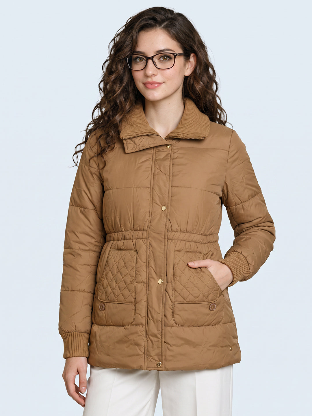 Women Khaki Solid High Neck Full Sleeve Jacket