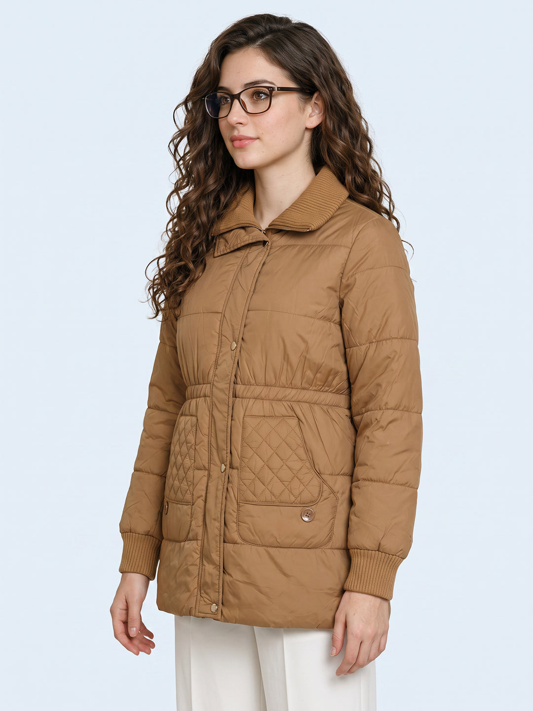 Women Khaki Solid High Neck Full Sleeve Jacket