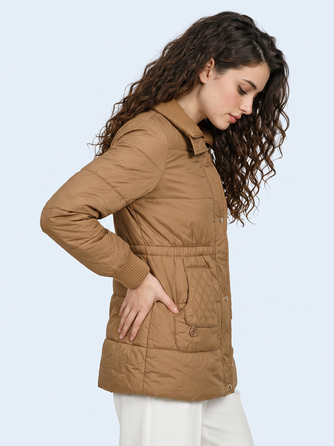 Women Khaki Solid High Neck Full Sleeve Jacket
