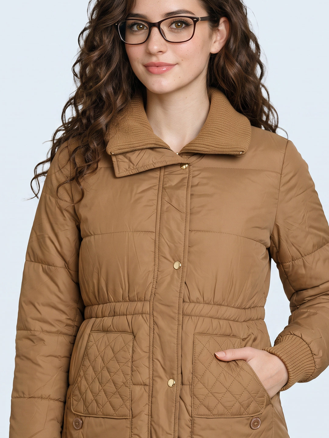 Women Khaki Solid High Neck Full Sleeve Jacket