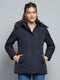 Women Navy Blue Self Design Detachable Hood Full Sleeve Jacket