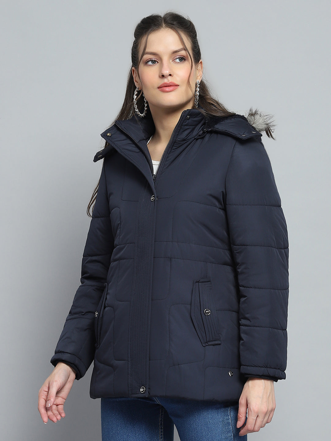 Women Navy Blue Self Design Detachable Hood Full Sleeve Jacket
