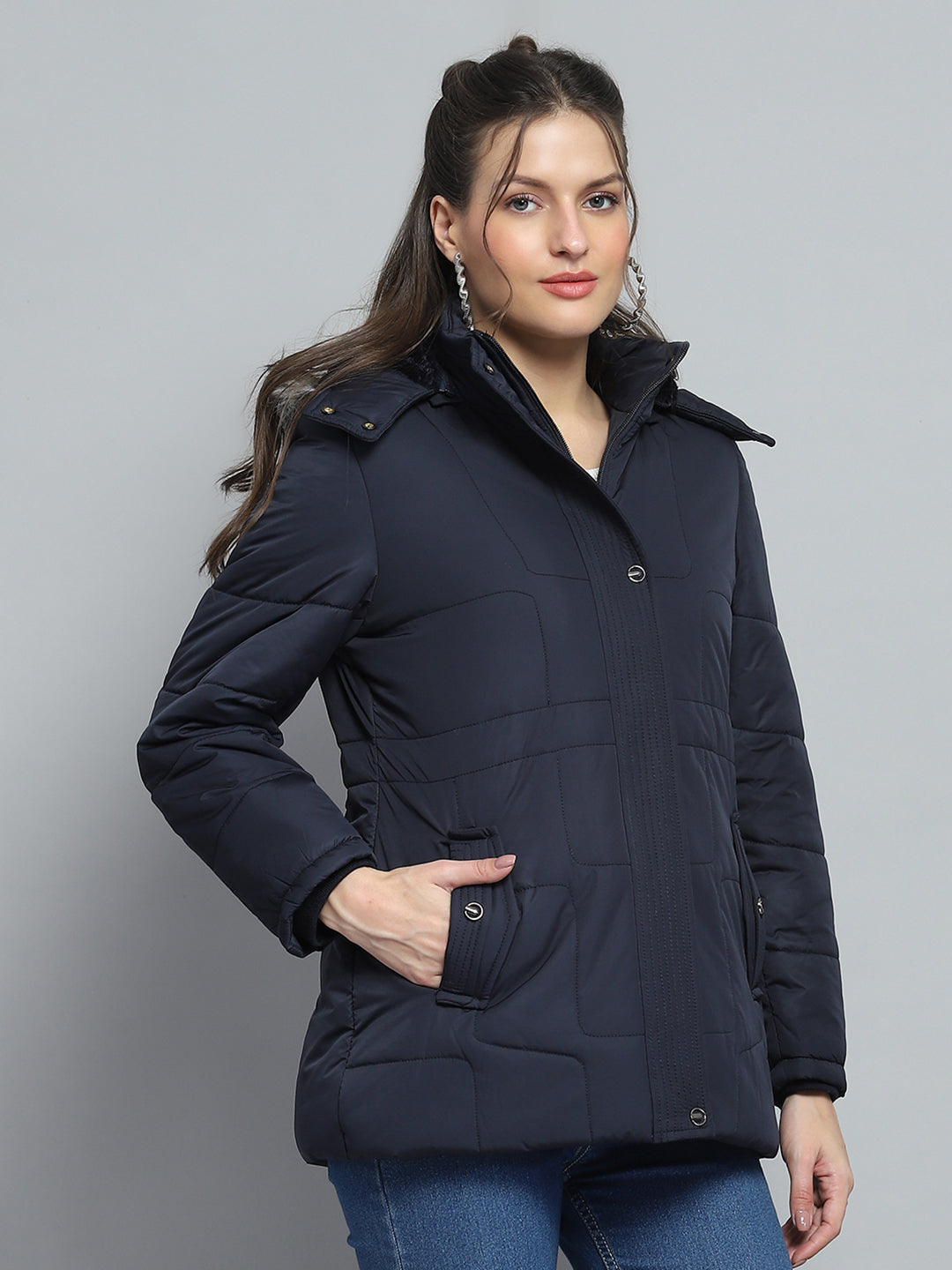 Women Navy Blue Self Design Detachable Hood Full Sleeve Jacket