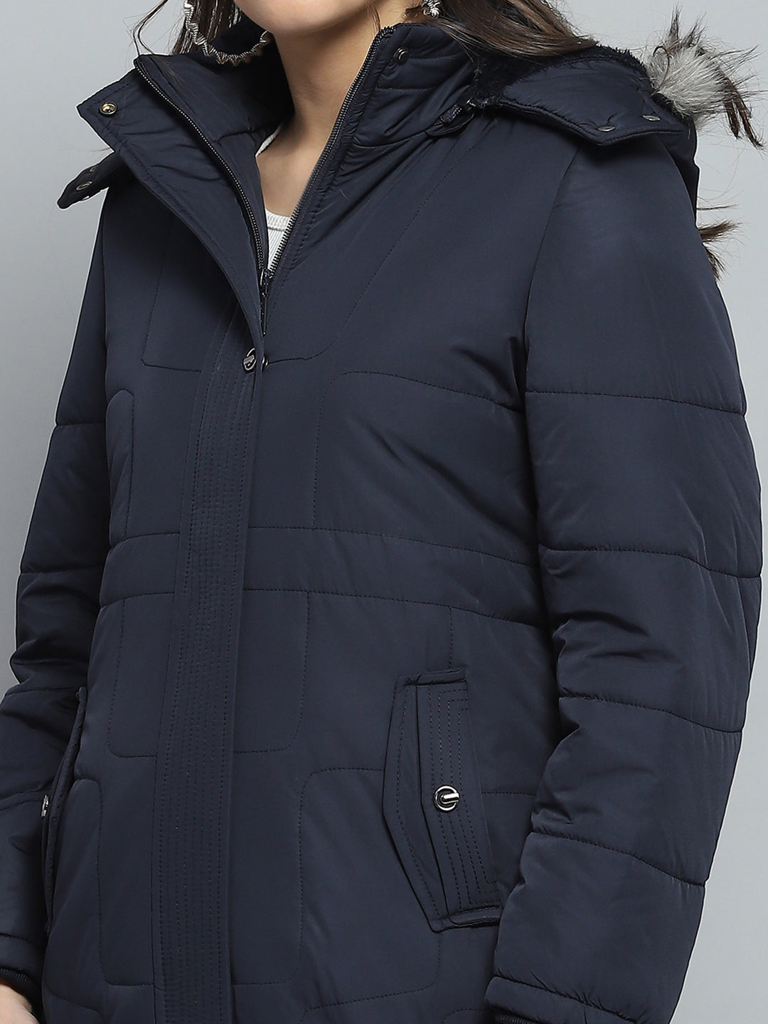 Women Navy Blue Self Design Detachable Hood Full Sleeve Jacket