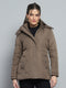 Women Brown Self Design Detachable Hood Full Sleeve Jacket