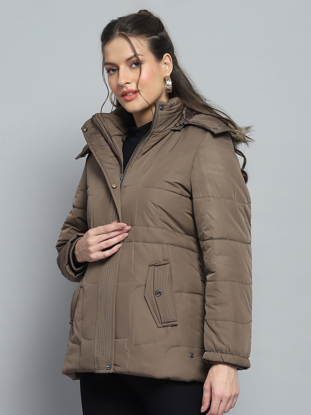 Women Brown Self Design Detachable Hood Full Sleeve Jacket