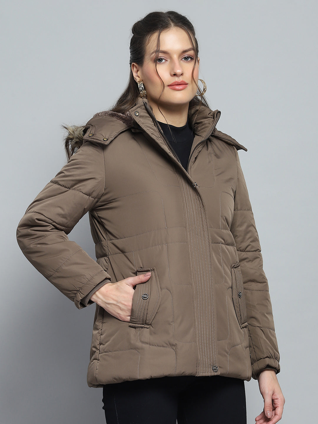 Women Brown Self Design Detachable Hood Full Sleeve Jacket