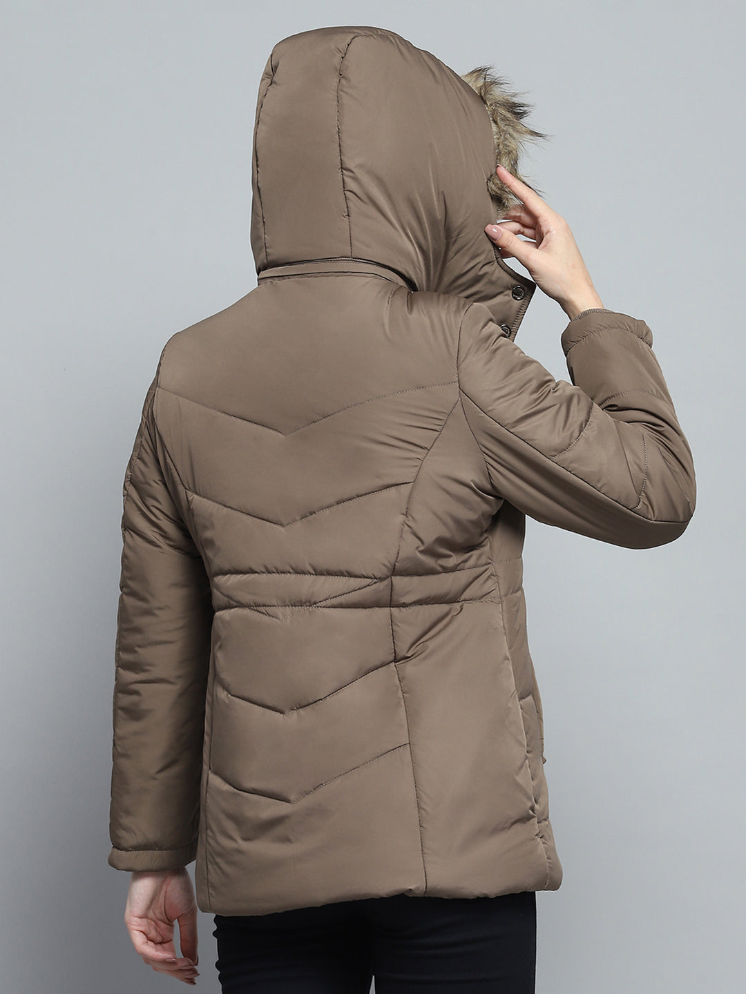 Women Brown Self Design Detachable Hood Full Sleeve Jacket