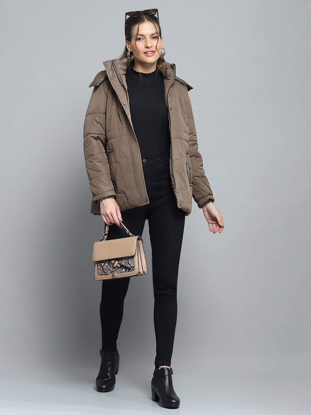 Women Brown Self Design Detachable Hood Full Sleeve Jacket