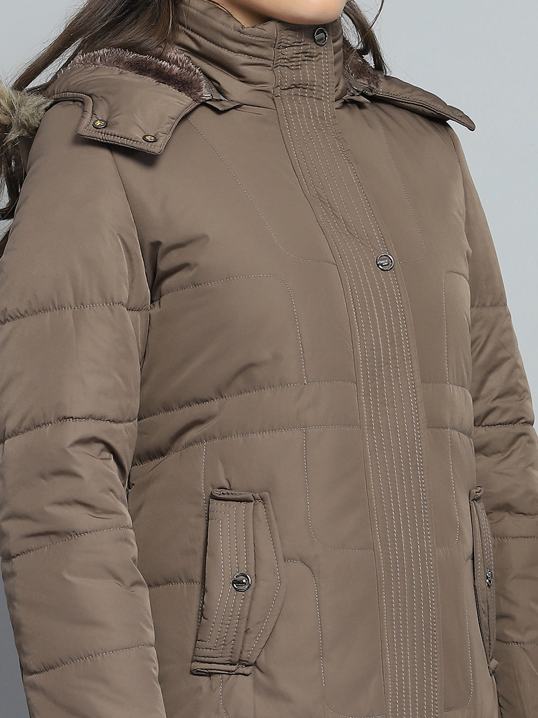 Women Brown Self Design Detachable Hood Full Sleeve Jacket