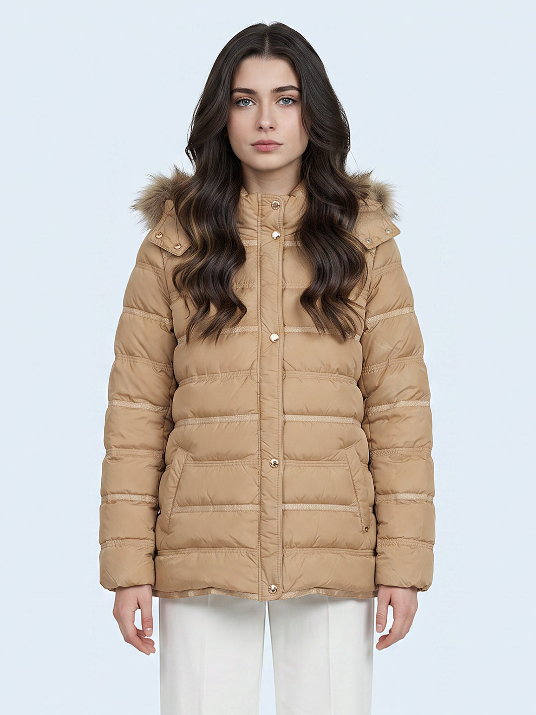 Women Camel Brown Solid Detachable Hood Full Sleeve Puffer Jacket