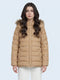 Women Camel Brown Solid Detachable Hood Full Sleeve Puffer Jacket